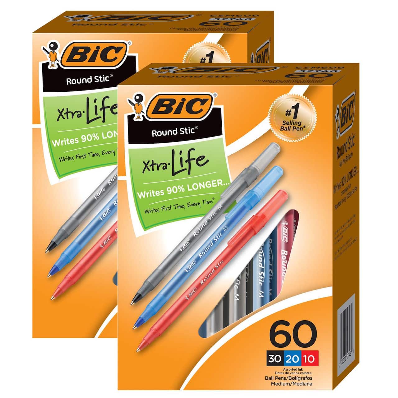 BIC® Round Stic Xtra Life Ballpoint Pen, 2 Box of 60